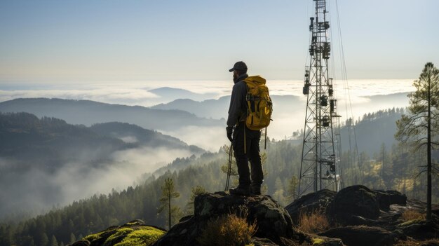 Photo man using mobile phone on remote mountain top at dawn overlooking misty valley