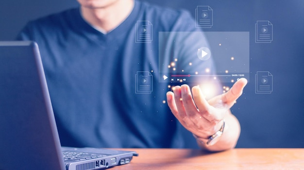 Man using mouse and keyboard for streaming online on virtual screen watching video on internet live