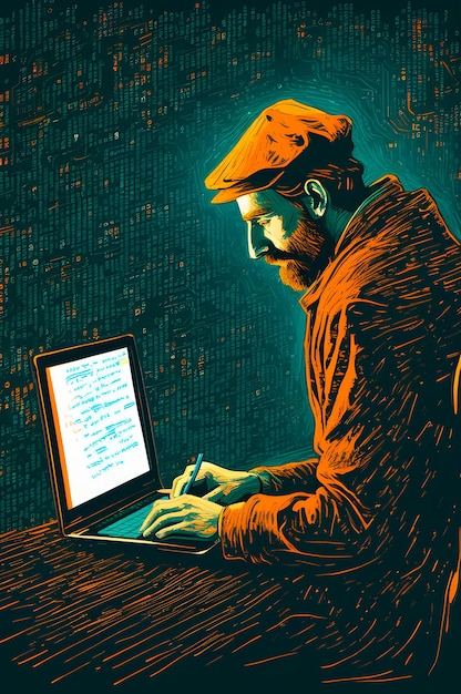 Man using a notebook illustration in Van Gogh style
