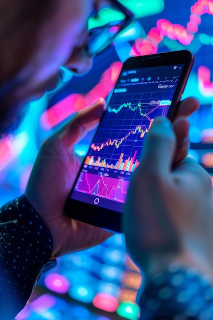 Man using phone app for stock market shares trading with holographic investment