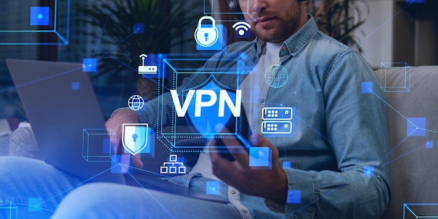 Photo man using phone and laptop vpn hologram and cybersecurity priv