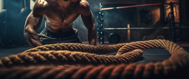 Photo man using the ropes in the gym to build arm strength generative ai