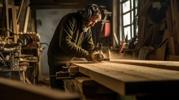 A man using a saw to cut wood in a workshop.