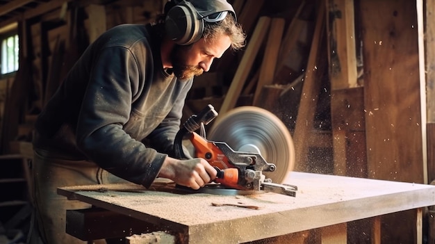 A man using a saw to cut wood