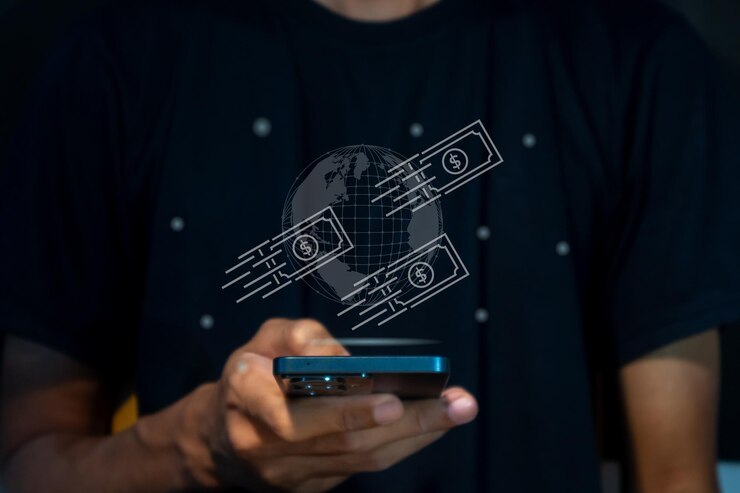 Фотография человек, использующий смартфон для проведения онлайн-мобильных банковских финансовых транзакций или онлайн-платежей перевод денег через смартфон концепция