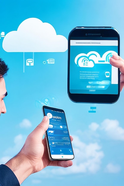 Фото Человек, использующий смартфон онлайн, подключается к серверу облачных вычислений цифровое облачное хранилище
