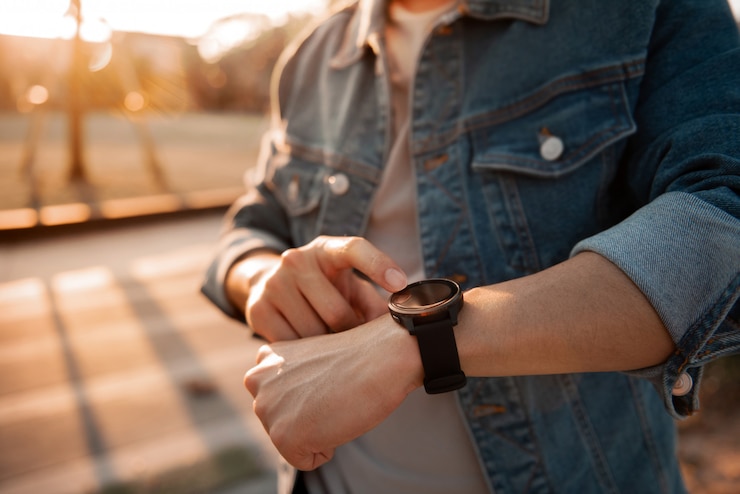 Photo man using smart watches with checking pulse via health application.