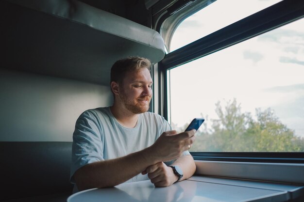 A man using a smartphone while traveling by railway train