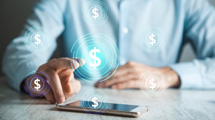 Photo man using smartphone with dollar icon in virtual screen