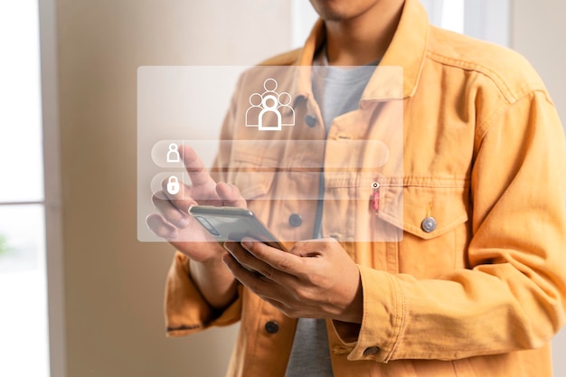 Man using smartphone with Interface for the member login form