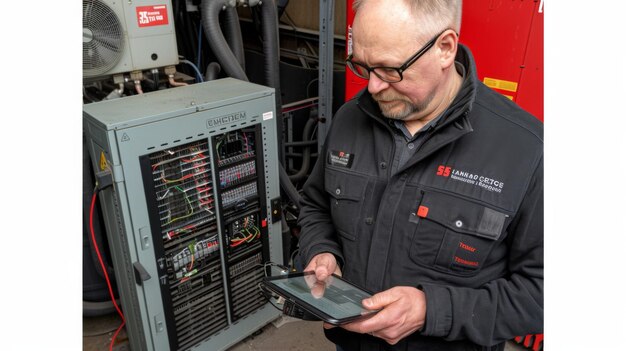 a man using a tablet computer in a room with a large industrial heater