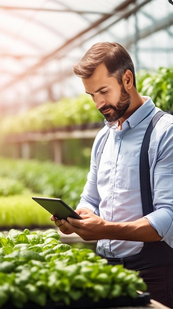 Photo man using a tablet in a garden