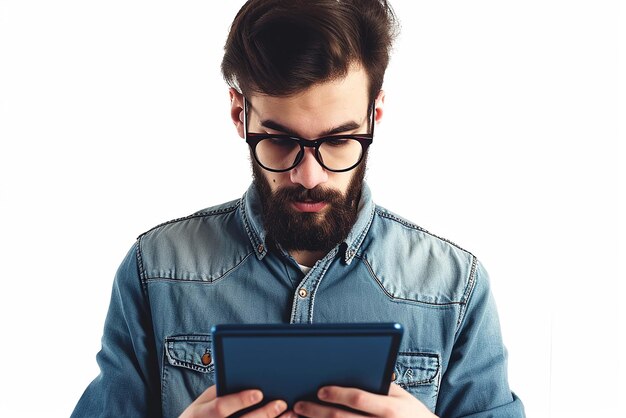 Foto uomo che utilizza tablet e guarda la fotocamera su sfondo bianco