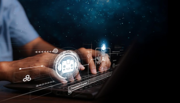 man using technology smart robot ai artificial intelligence by enter command prompt for generates something ai technology artificial intelligence futuristic technology transformation chat with ai
