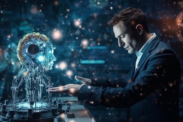 man using tools ai technology smart robot science and artificial intelligence technology and innovation futuristic and global connection for providing access to information and data online network