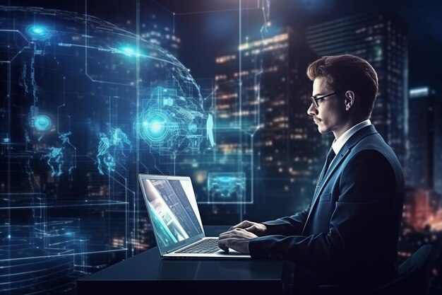 man using tools ai technology smart robot science and artificial intelligence technology and innovation futuristic and global connection for providing access to information and data online network