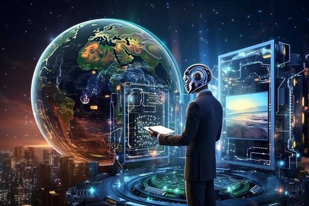 Man using tools AI technology smart robot science and artificial intelligence technology and innovation futuristic and global connection for providing access to information and data online network