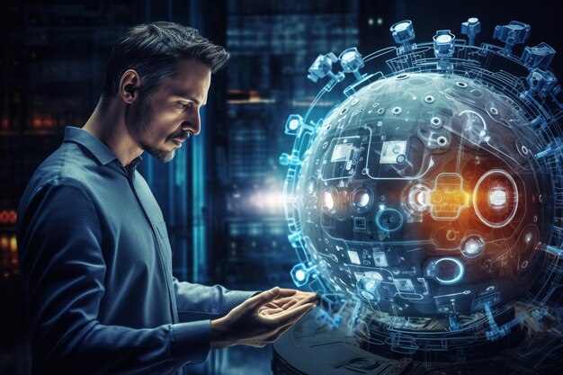 man using tools ai technology smart robot science and artificial intelligence technology and innovation futuristic and global connection for providing access to information and data online network