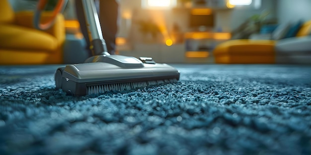 Man using vacuum indoors to clean dirt carpet Concept Cleaning Tips Home Maintenance Indoor Cleaning Using Vacuum Cleaner