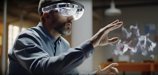 Человек, использующий VR-гарнитуру и смотрящий на виртуальный пользовательский интерфейс с несколькими приложениями, работающий с VR Generative ai