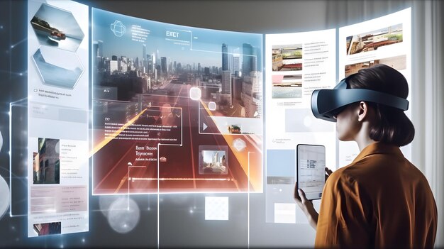 man using vr headset and looking on virtual ar user interface ui with multiple apps working with vr generative ai