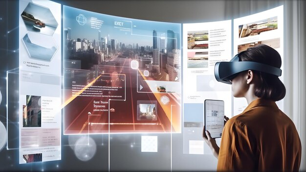 VRヘッドセットを使用し複数のアプリを搭載した仮想ARユーザーインターフェース UIを見ている人VR Generative AIで作業している人