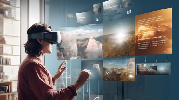 man using vr headset and looking on virtual ar user interface ui with multiple apps working with vr generative ai