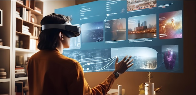 man using vr headset and looking on virtual ar user interface ui with multiple apps working with vr generative ai
