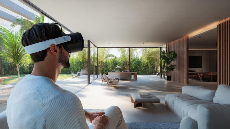 Фотография человек использует наушники vr в современной минималистской гостиной