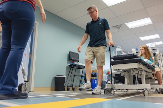 Photo a man using a walker takes a walk beside a woman on a paved pathway in an urban setting image of a patient learning to walk again with the help of physical therapy ai generated