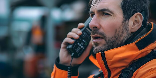 A man using a walkie talkie for security and backup purposes Concept Walkie Talkie Use Security Measures Communication System