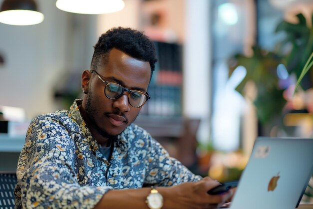 Man Utilizes Mobile Phone in Office Setting