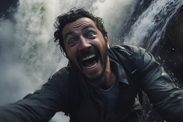 Man valt uit een waterval in selfie-formaat Generative ai