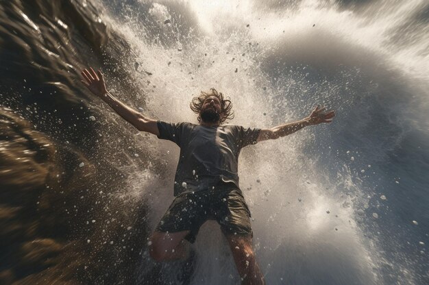 Man valt uit een waterval in selfie-formaat Generative ai