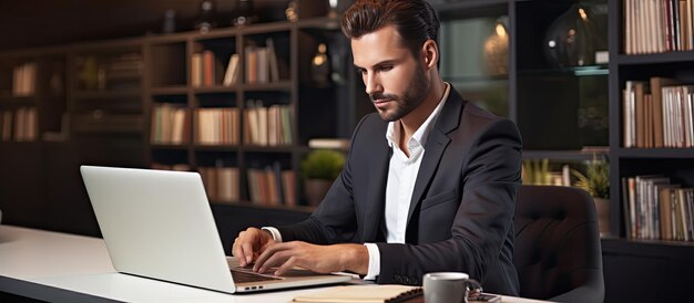 Man van in de veertig met laptop aan bureau in modern kantoor