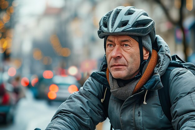 Man van middelbare leeftijd fietsen op de weg met een grote kopieerruimte Generatieve AI