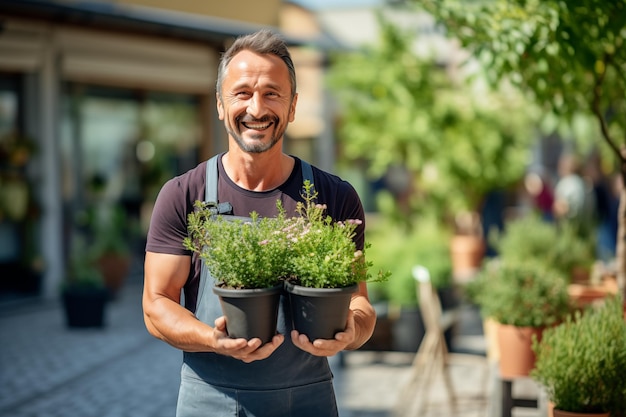 Man van middelbare leeftijd midden in de stad met bloemen