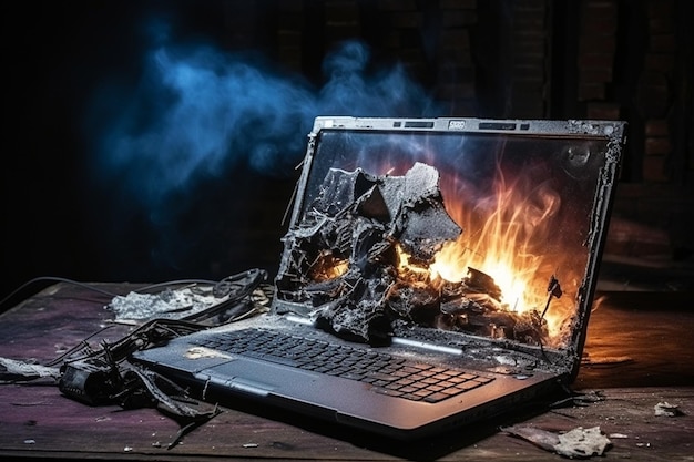 Foto man vernietigde laptop met een hamer zenuwachtig werk frustratie generatieve ai