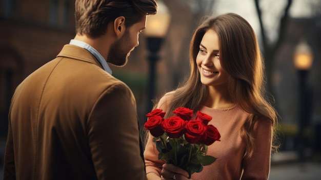 Man verrast vrouw met een boeket rode rozen