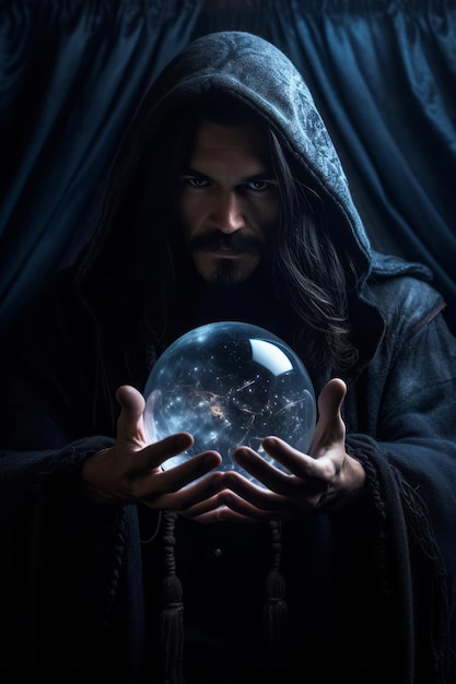Man vertelt vanuit een kristallen bol, verkleed als mysterieuze waarzegster