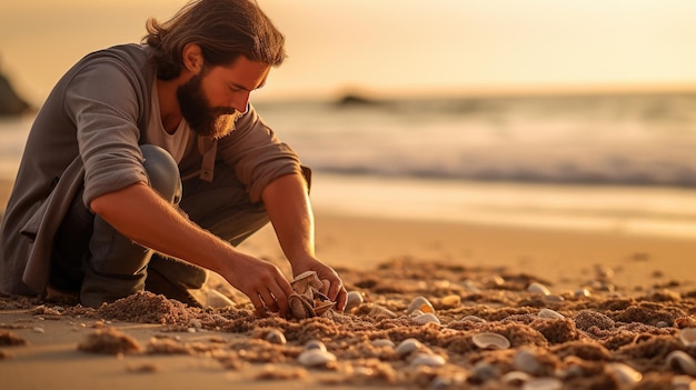 Man verzamelt schelpen op het strand