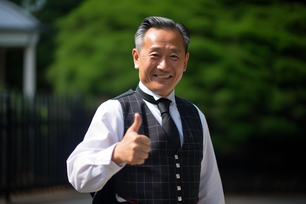 a man in a vest giving a thumbs up