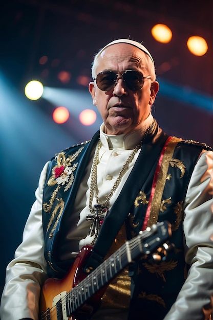 Foto un uomo in giubbotto sta suonando la chitarra