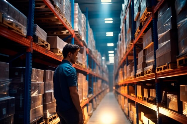 A man in a vest is smiling in a warehouse Happy employees High shelves of the warehouse AI Genera