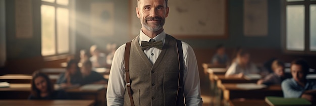 a man in a vest stands in front of a church with a bow tie.