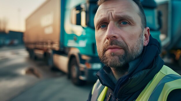 a man in a vest stands in front of a green truck