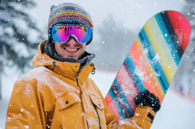 Man in vibrant winter sports attire confidently holds her colorful snowboard