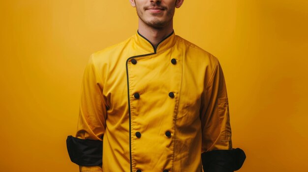 Foto un uomo con un cappotto da chef giallo vibrante fa la posa per una foto