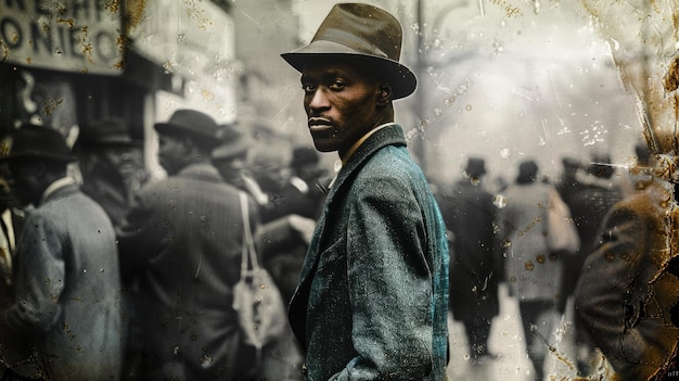 man in vintage attire stands out bustling sepiatoned crowd scene