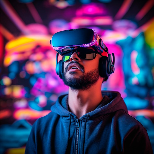 Man in virtual glasses photo neon background